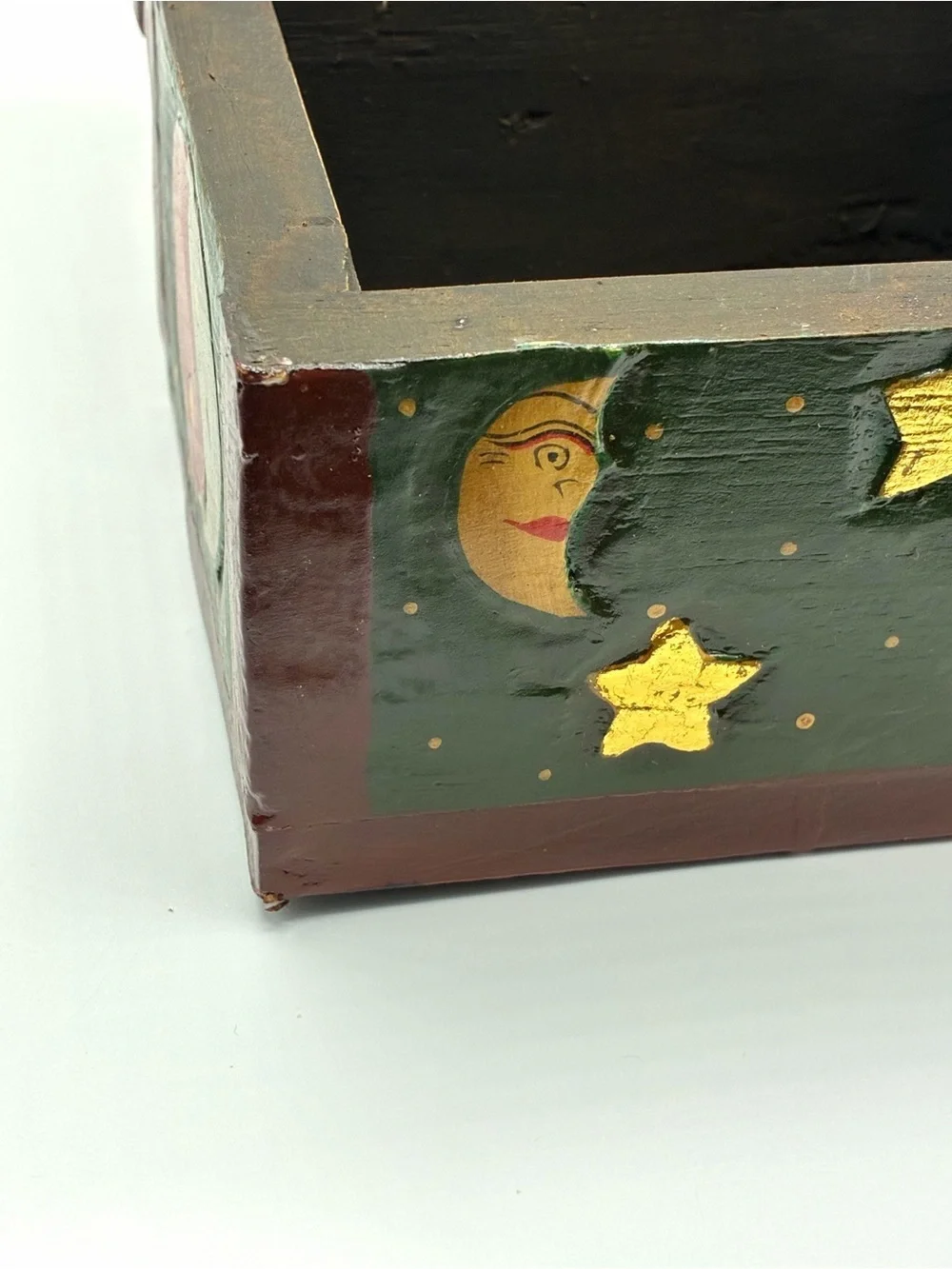 Vintage Folk Art Celestial Sun Moon Yin Yang Wooden Trinket Box